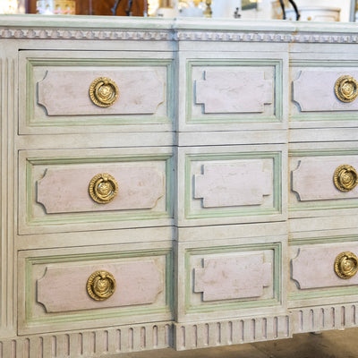 Swedish 3-Drawer Dresser – Beveled Drawers & Distressed Pink-Green Finish