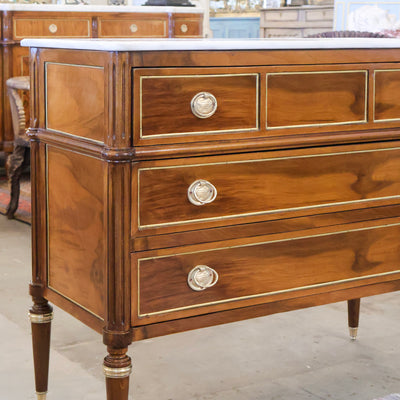 Louis XVI Burl Wood Chest with White Marble Top, Brass Ring Pulls & Tapered Brass Legs