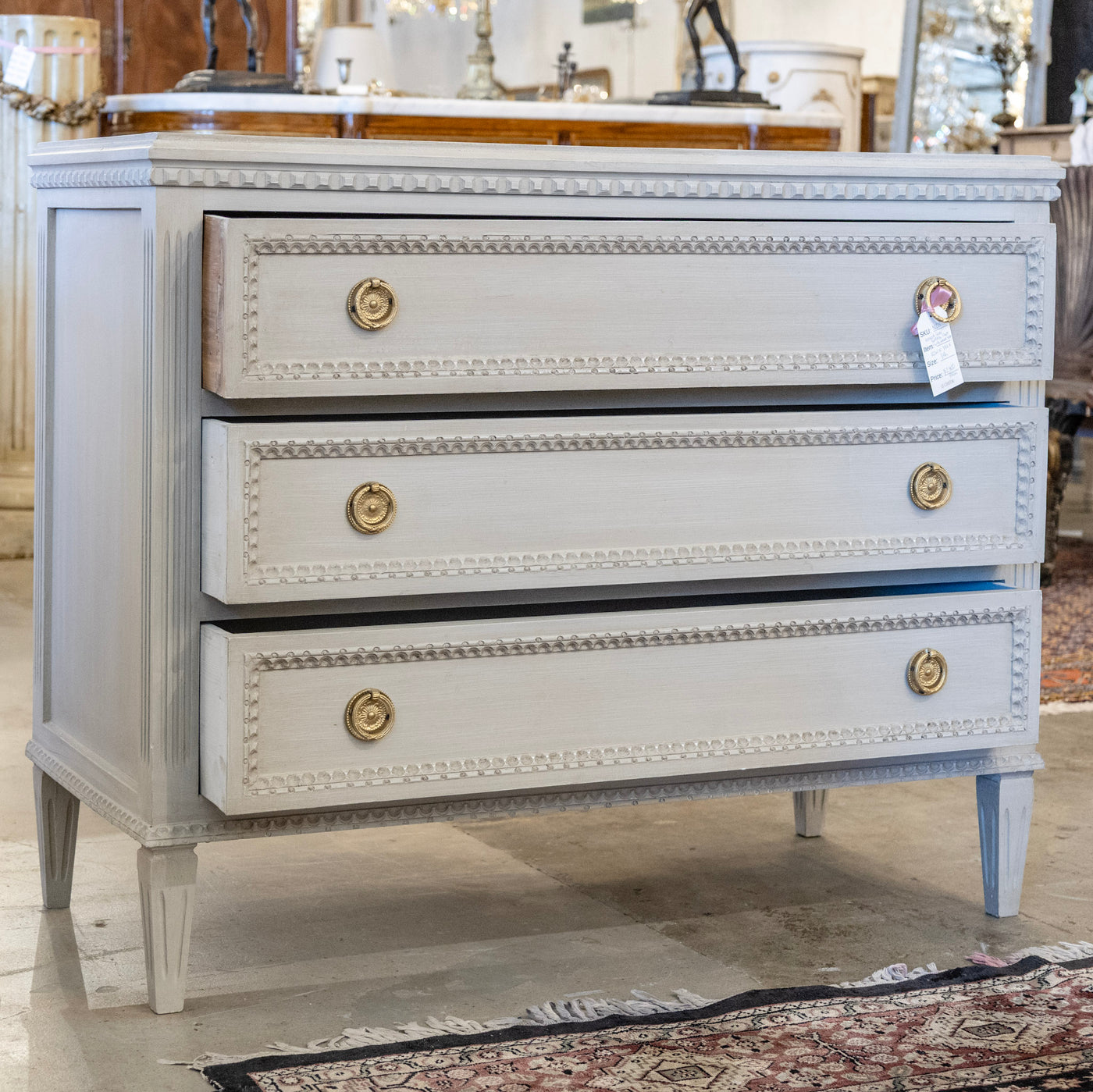 Swedish 3-Drawer Chest Beaded Drawer Trim & Brass Pulls in French Gr Le Chateau Swedish 3-Drawer Chest Beaded Drawer Trim & Brass Pulls in French Gr Le Chateau