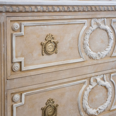 Swedish 2-Drawer Dresser – Open Carved Drawer with Wreath Detailing and Distressed Apricot Finish