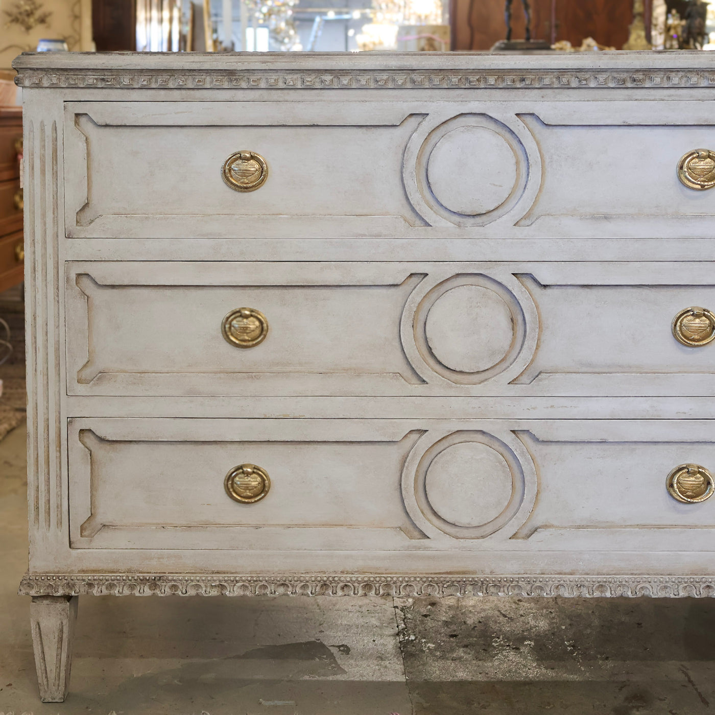 Swedish 3-Drawer Dresser – Open Trim Circular Detail & Large Brass Pulls in Textured Grey