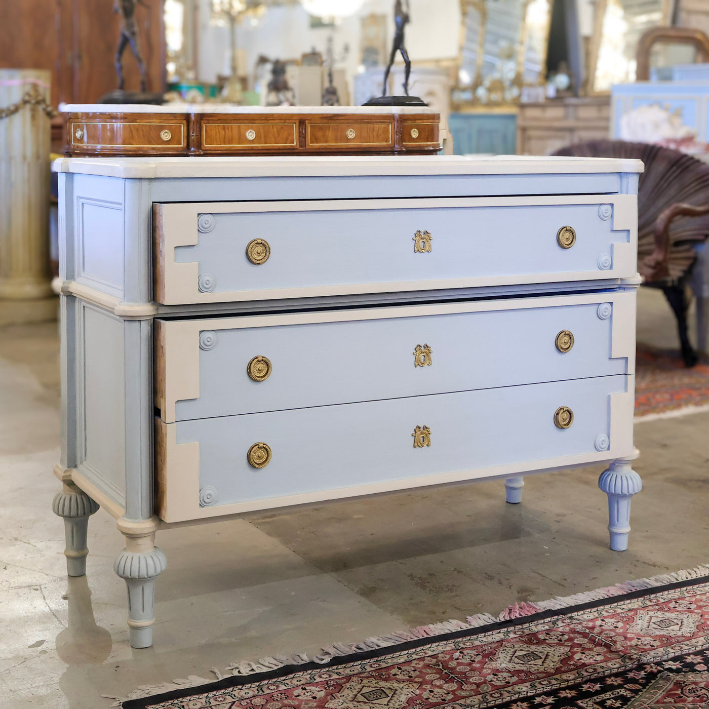 Swedish Blue 3-Drawer Dresser – Large Brass Pulls & Ballerina Legs