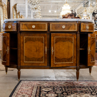 Louis XVI Demilune Sideboard – Burl Wood with Marble Top and Gold Accents