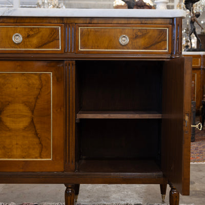 Louis XVI Square Sideboard – Burl Wood & White Marble Top and Gold Trim