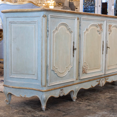 Louis XV Hand-Painted Sideboard – Distressed Finish Blue-Green & Gold Trim