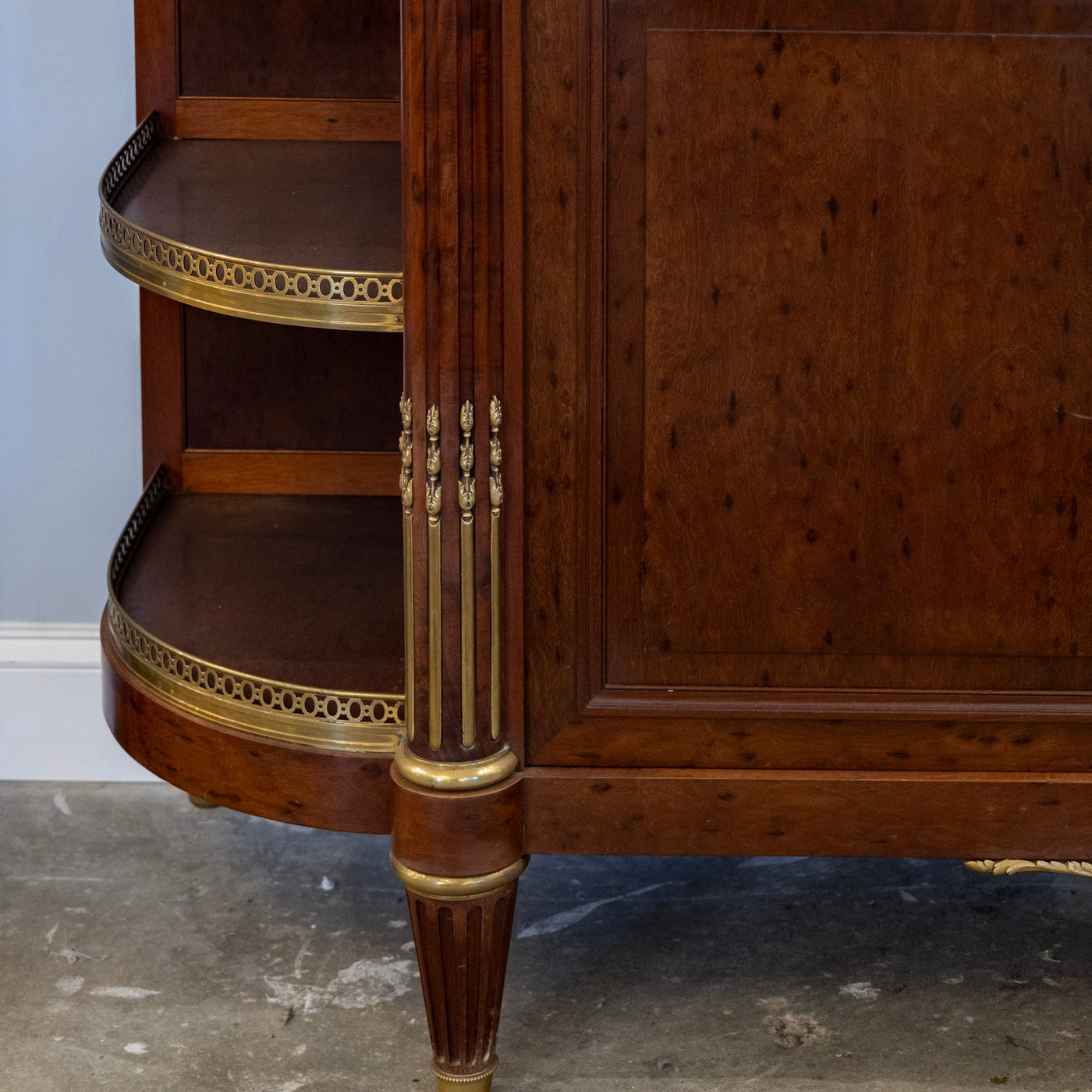 Louis XVI Burl Walnut Demilune Sideboard – Calacatta Vagli Oro Marble Top & Bronze Ormolu