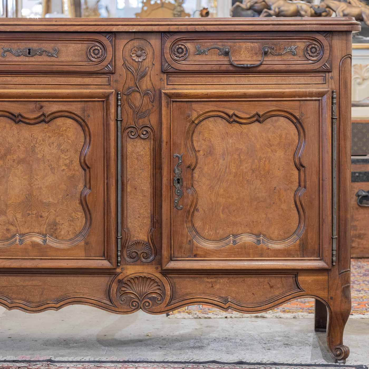 Louis XV Burl Wood Sideboard – Floral Hand-Carvings