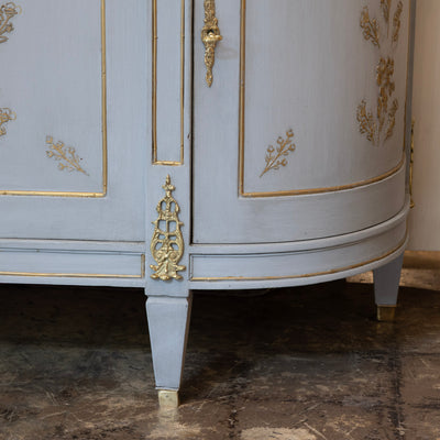 Louis XVI Blue Hand Painted Sideboard – Gilded Floral Detailing & White Marble Top