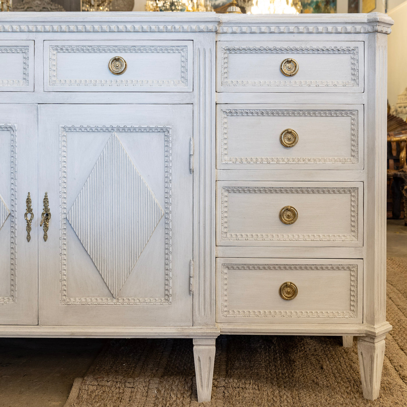 Swedish Diamond Front Buffet – Reeded Trim in Antique White