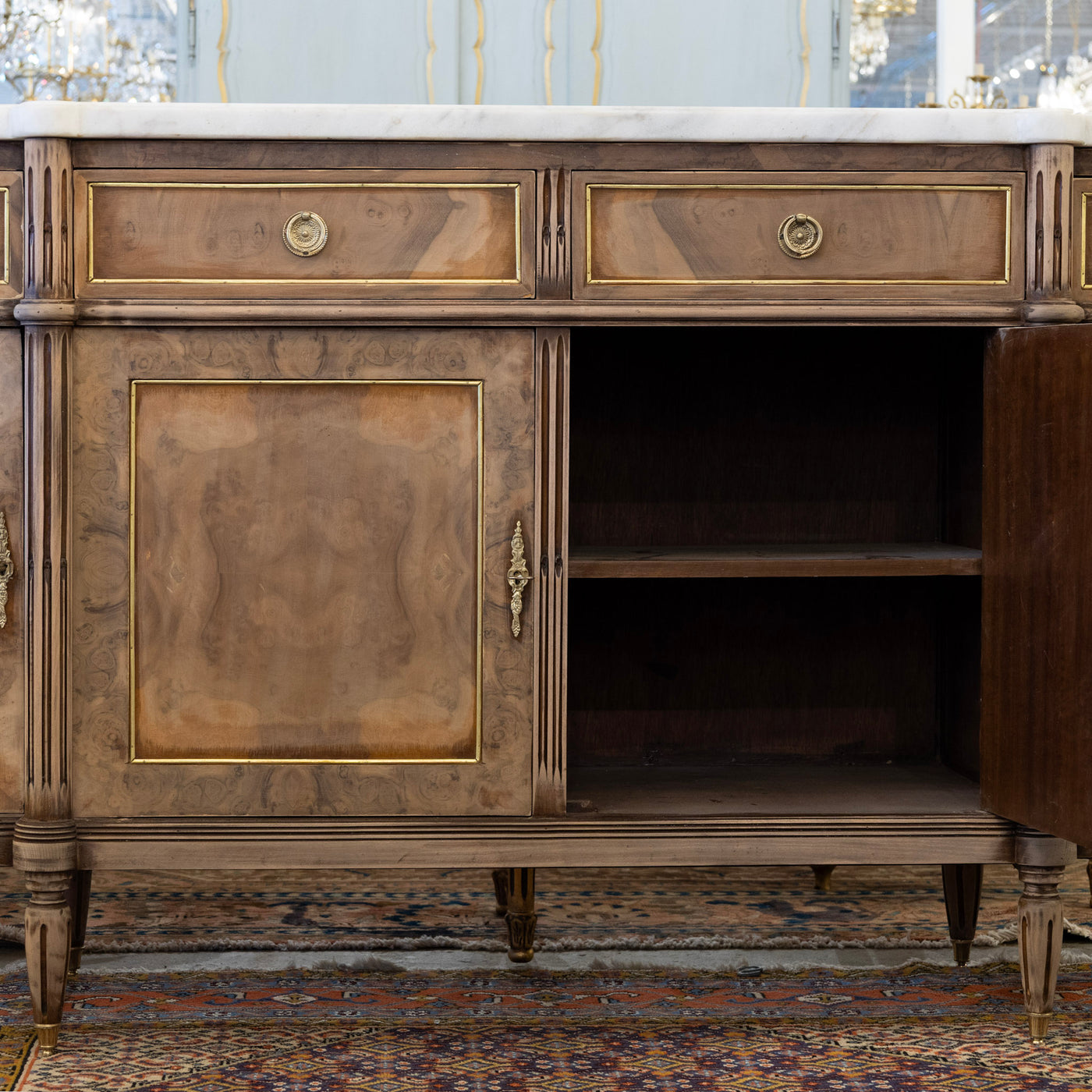 Louis XVI Demilune Sideboard – Stripped Burl Wood with White Marble Top