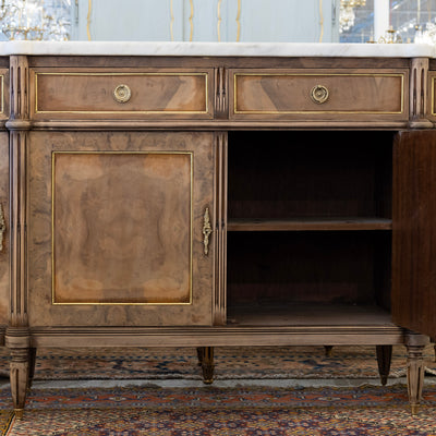 Louis XVI Demilune Sideboard – Stripped Burl Wood with White Marble Top