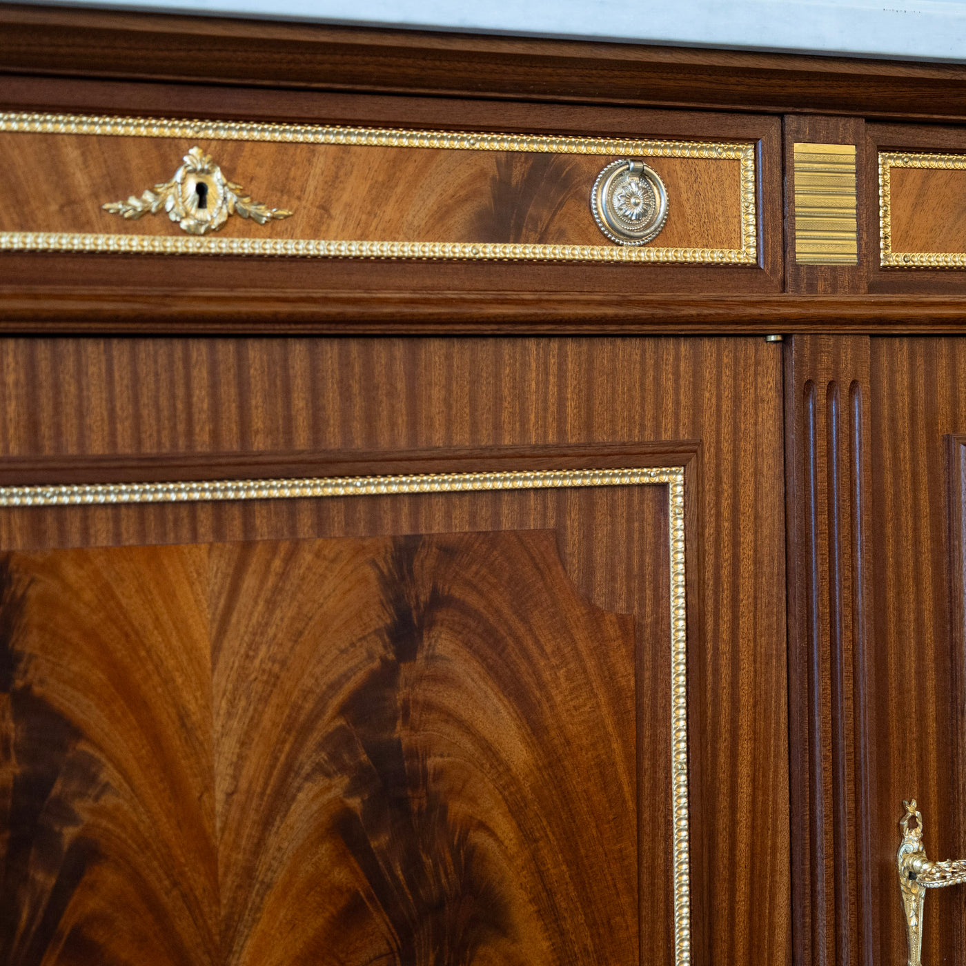 Louis XVI Burl Wood Demilune Sideboard – Gilded Bronze Accents & White Marble Top