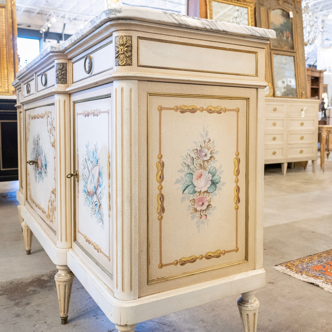 French White Hand-Painted Sideboard – Crackle Finish & Original Marble Top