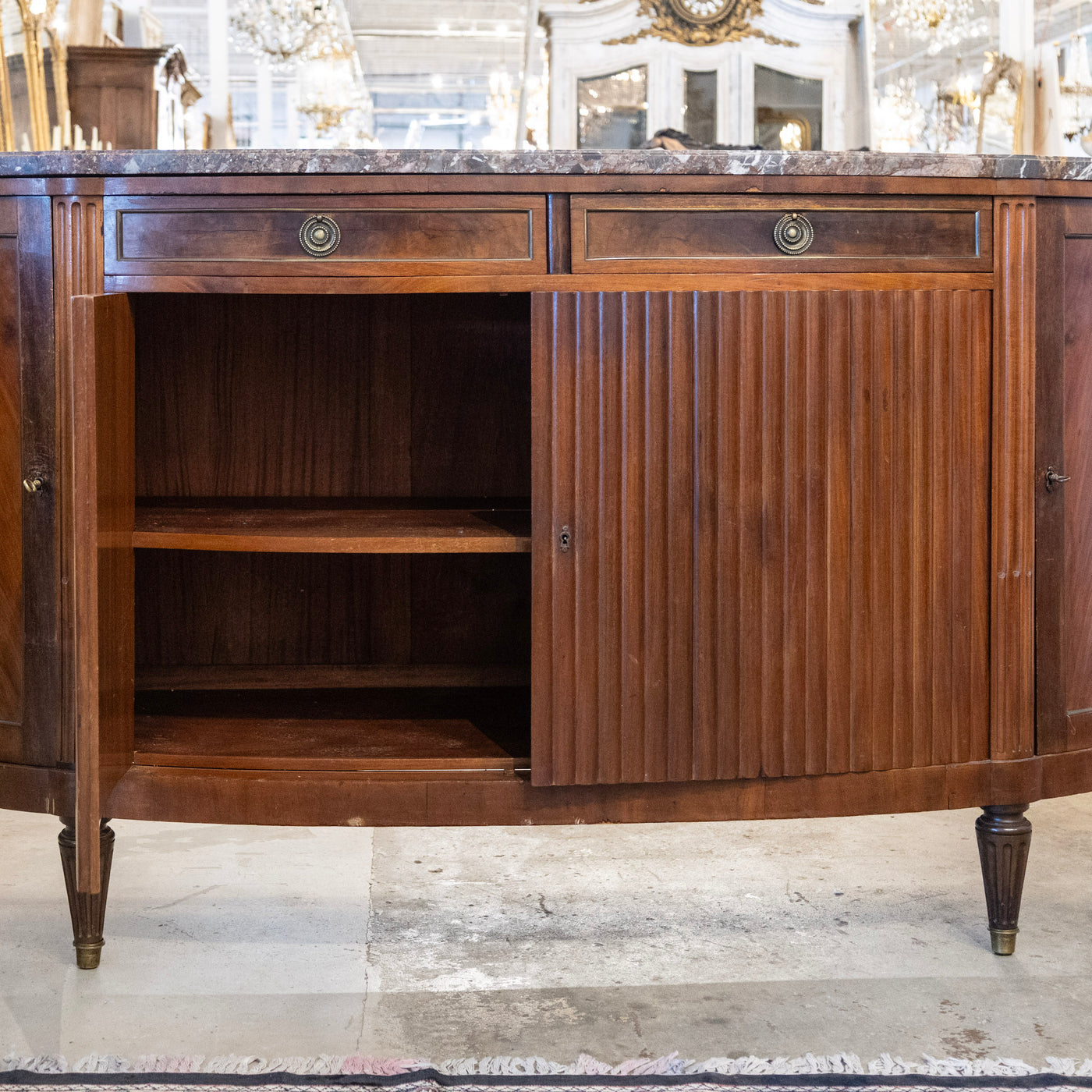 Louis XVI Wood Demilune Sideboard– Reeded Doors & Breccia Marble Top