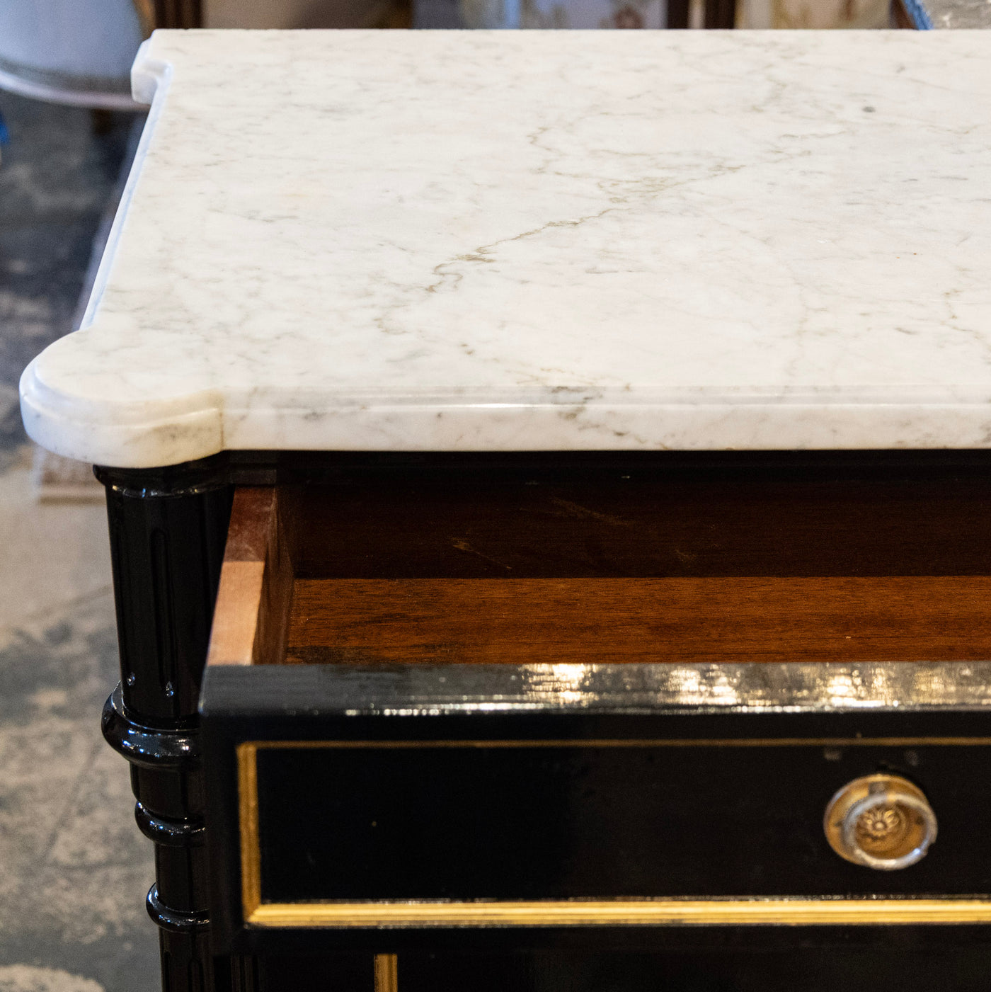 Louis XVI Black Lacquer Sideboard – Gold Inaly & White Marble Top