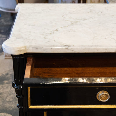 Louis XVI Black Lacquer Sideboard – Gold Inaly & White Marble Top