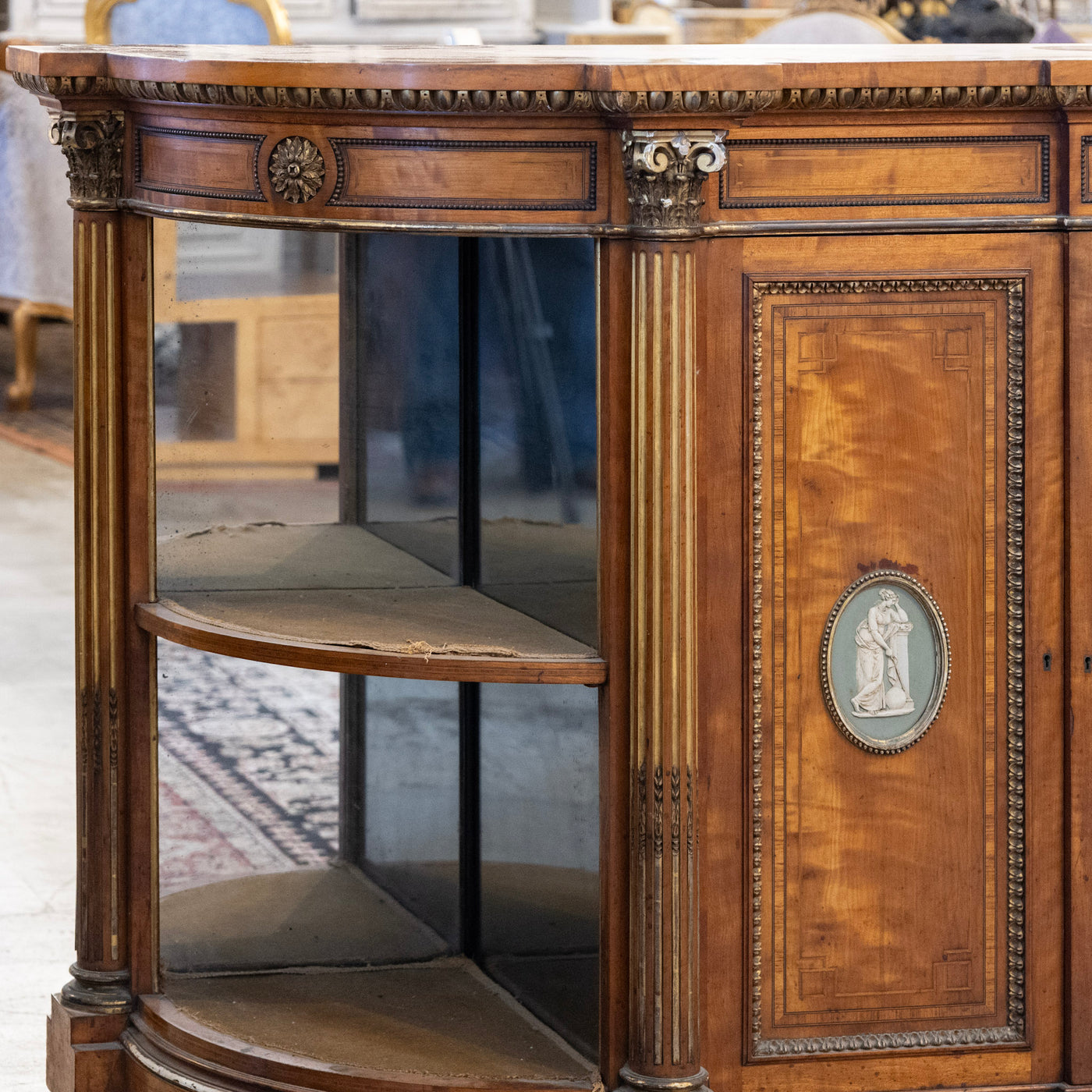 French Empire Demilune Sideboard – Neoclassical Medallions & Curved Mirror Shelves