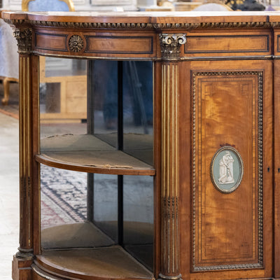 French Empire Demilune Sideboard – Neoclassical Medallions & Curved Mirror Shelves