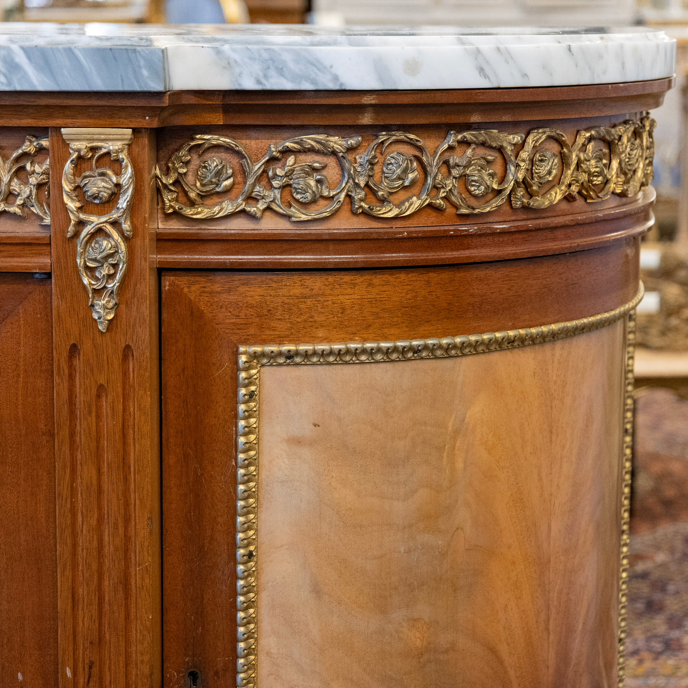 Louis XVI Mahogany Demilune Sideboard – Bronze Laurel Trim & White Marble Top