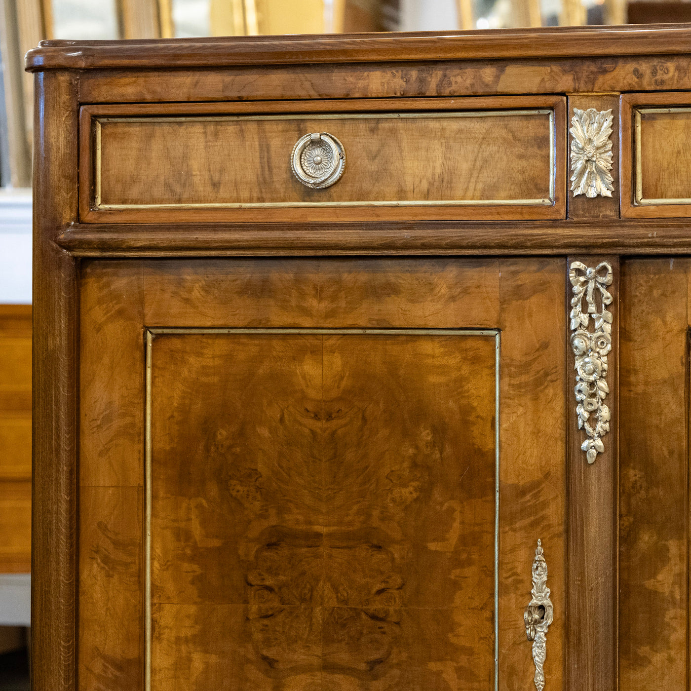 Louis XVI Burl Wood Sideboard with Brass Hardware