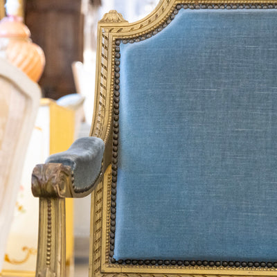 Louis XVI Captain Chair in Blue – Gilded Frame & Original Patina