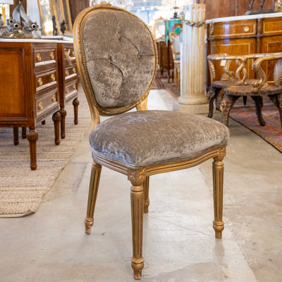 Louis XVI Round Dining Chair – Gold Frame & Green Velvet and Floral Upholstery