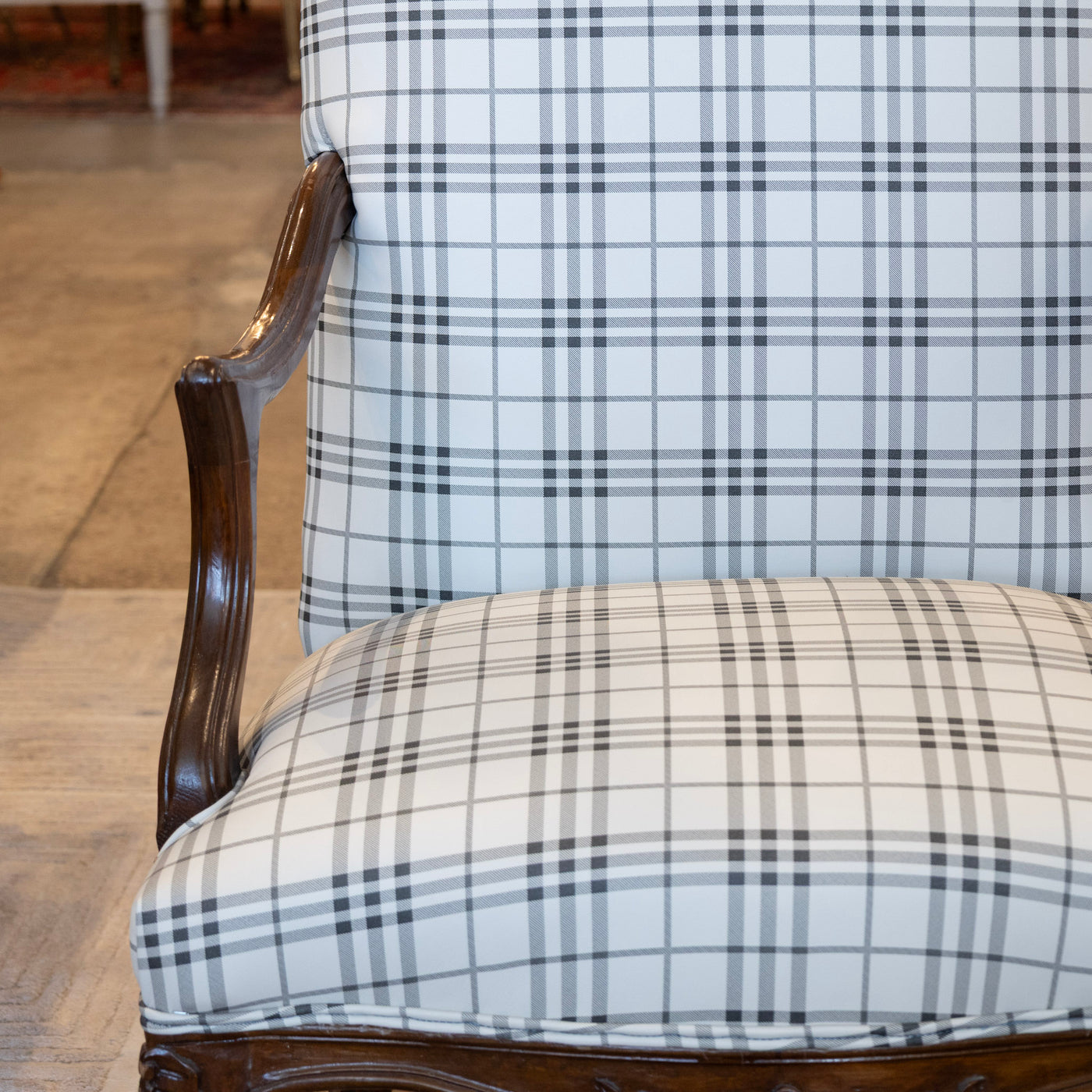 Louis XV Armchair – Walnut Frame & Black Plaid Upholstery