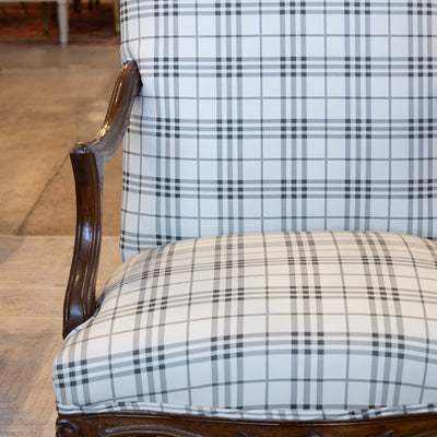 Louis XV Armchair – Walnut Frame & Black Plaid Upholstery