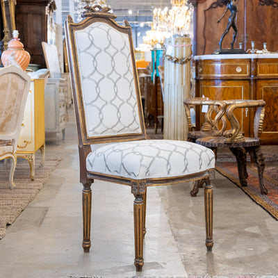 Louis XVI Dining Chair in White – Gilded Frame & Grey Trellis Upholstery
