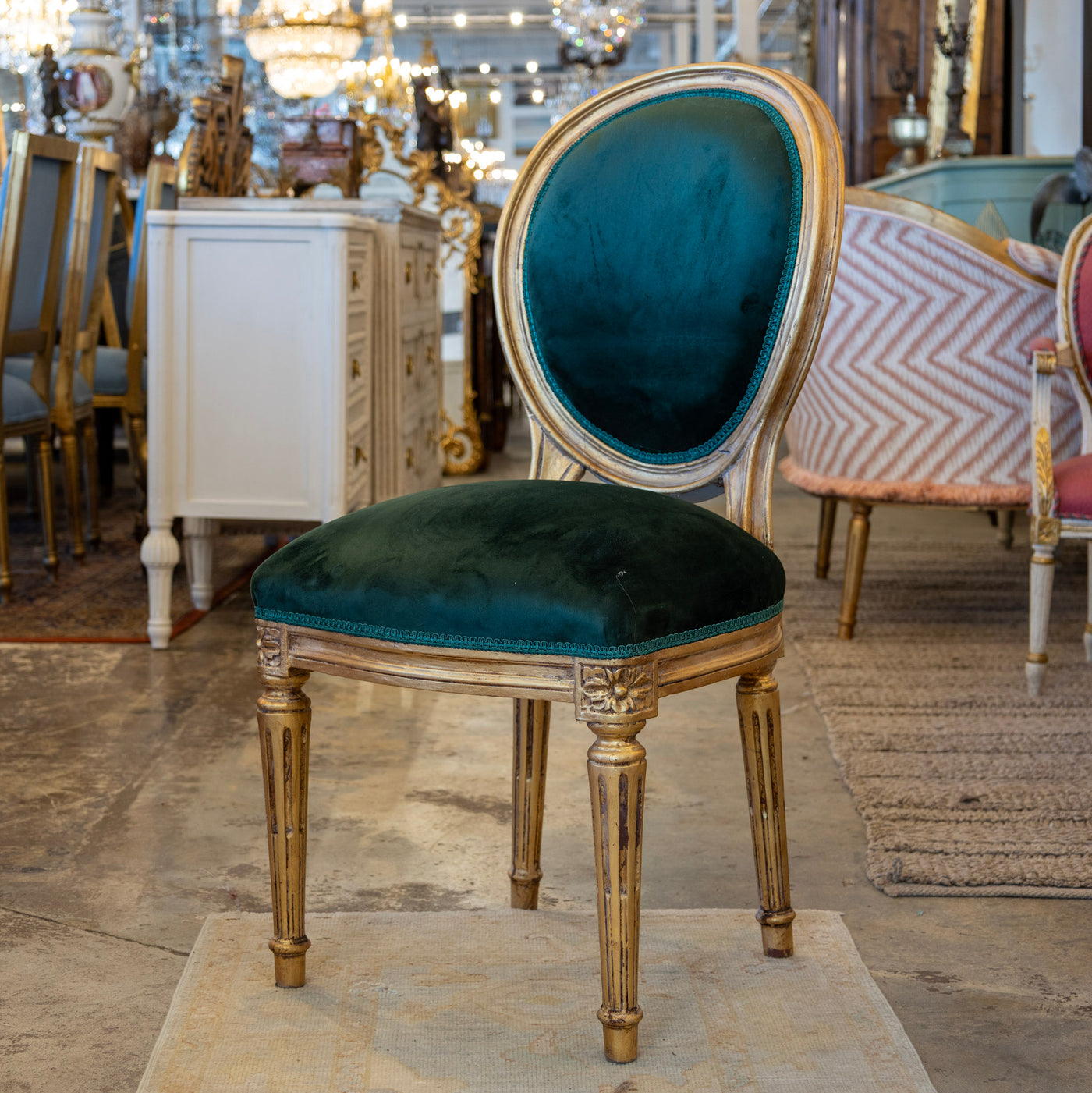 Louis XVI Dining Chair – Gilded Frame & Dark Green Velvet Upholstery