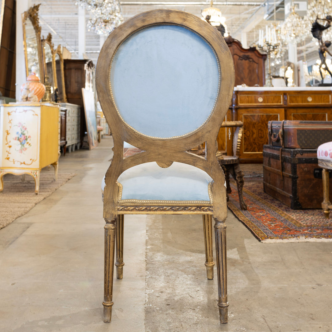 Louis XVI Round Dining Chair – Baby Blue Velvet & Gilded Frame – Le Chateau