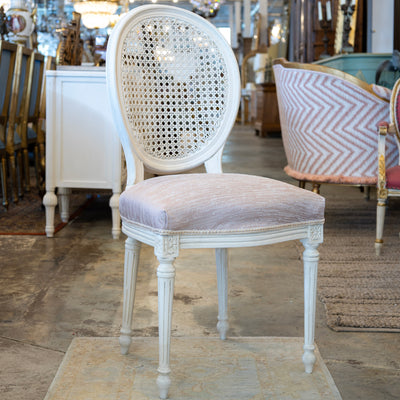 Louis XVI Dining Chair – Cane Back & Blush Pink Linen Upholstery