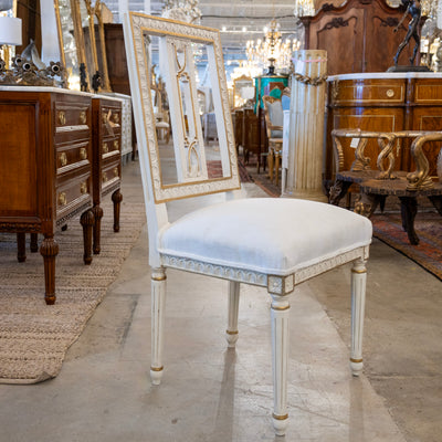 Swedish White & Gold Dining Chair – Carved Open Back & White Linen Upholstery