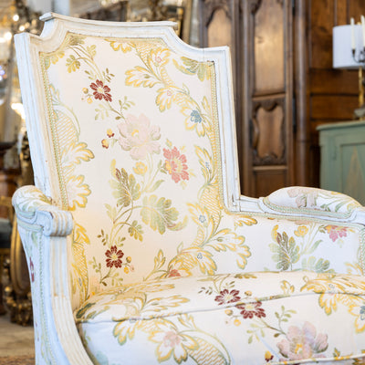 Pair of Louis XVI White Bergère Chair –Carved Frame & Original Floral Upholstery
