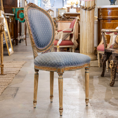 Set of 4 Louis XVI Dining Chairs – Original Blue Fabric and Paint