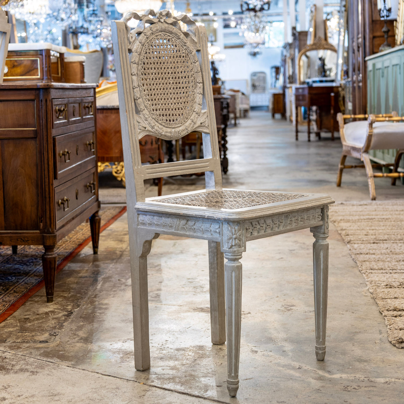 Swedish Dining Chair – Cane Back with Bow Carving in French Grey
