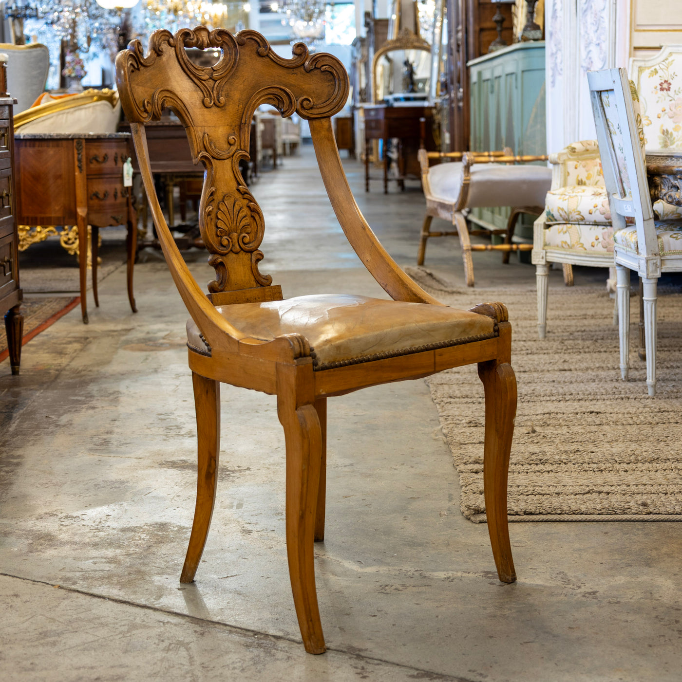 Biedermeier Dining Chair – Carved Scroll Back & Original Leather Seat