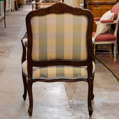 Pair of Louis XV Carved Armchairs – Brown Frame with Green and Yellow Checked Upholstery