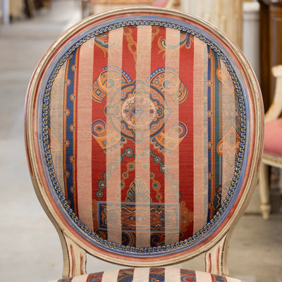Pair of Louis XVI Accent Chairs – Blue and Red Painted Frames with Striped Upholstery