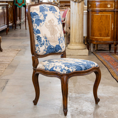 Pair of Louis XV Accent Chairs – Brown Frame with Blue & Cream Mythological Upholstery