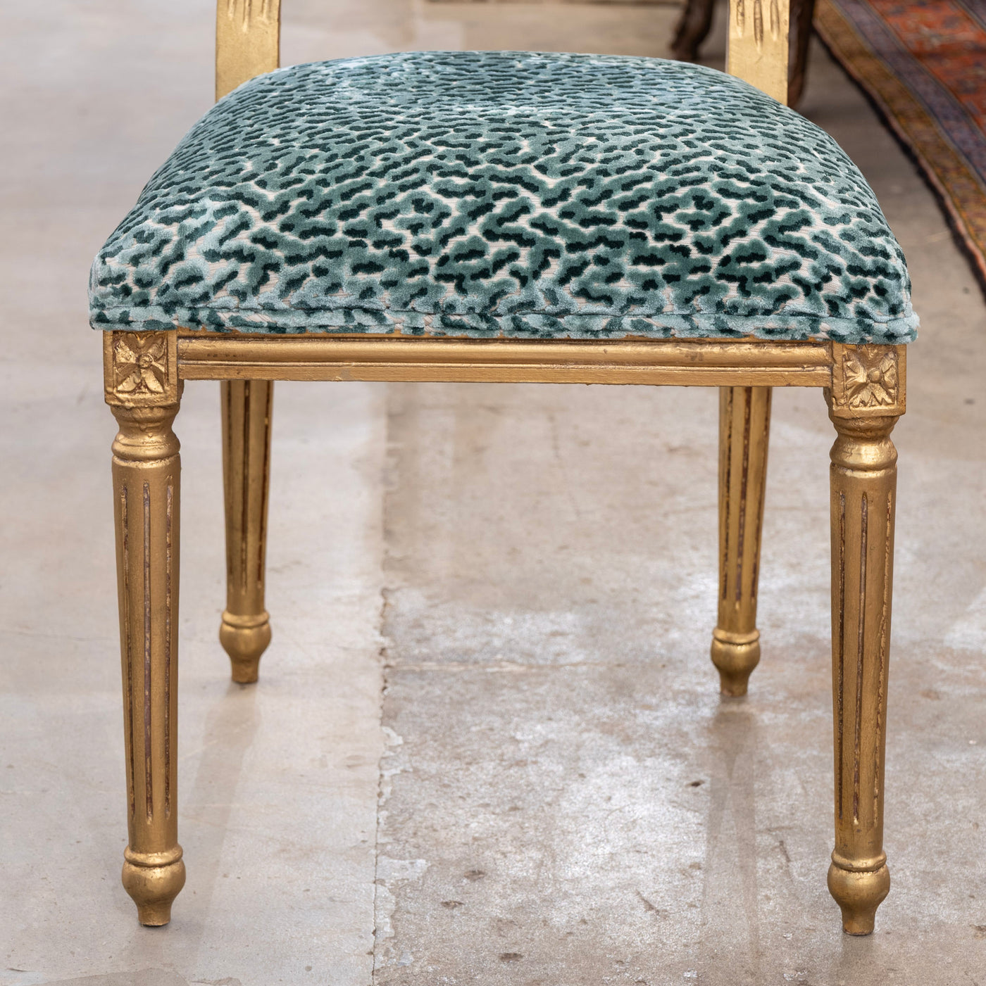 Louis XVI Gilded Dining Chair – Teal Leopard Patterned Velvet