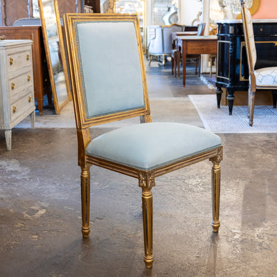 Louis XVI Square Gilded Dining Chair – Blue Velvet Upholstery