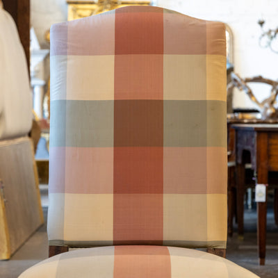 Pair of Louis XVI Accent Chairs – Gilded Details & Plaid Upholstery