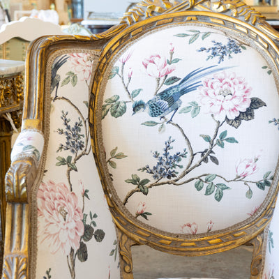 Louis XVI Gilded Bergère Chair – Chinoiserie Floral Linen & Green Velvet Upholstery