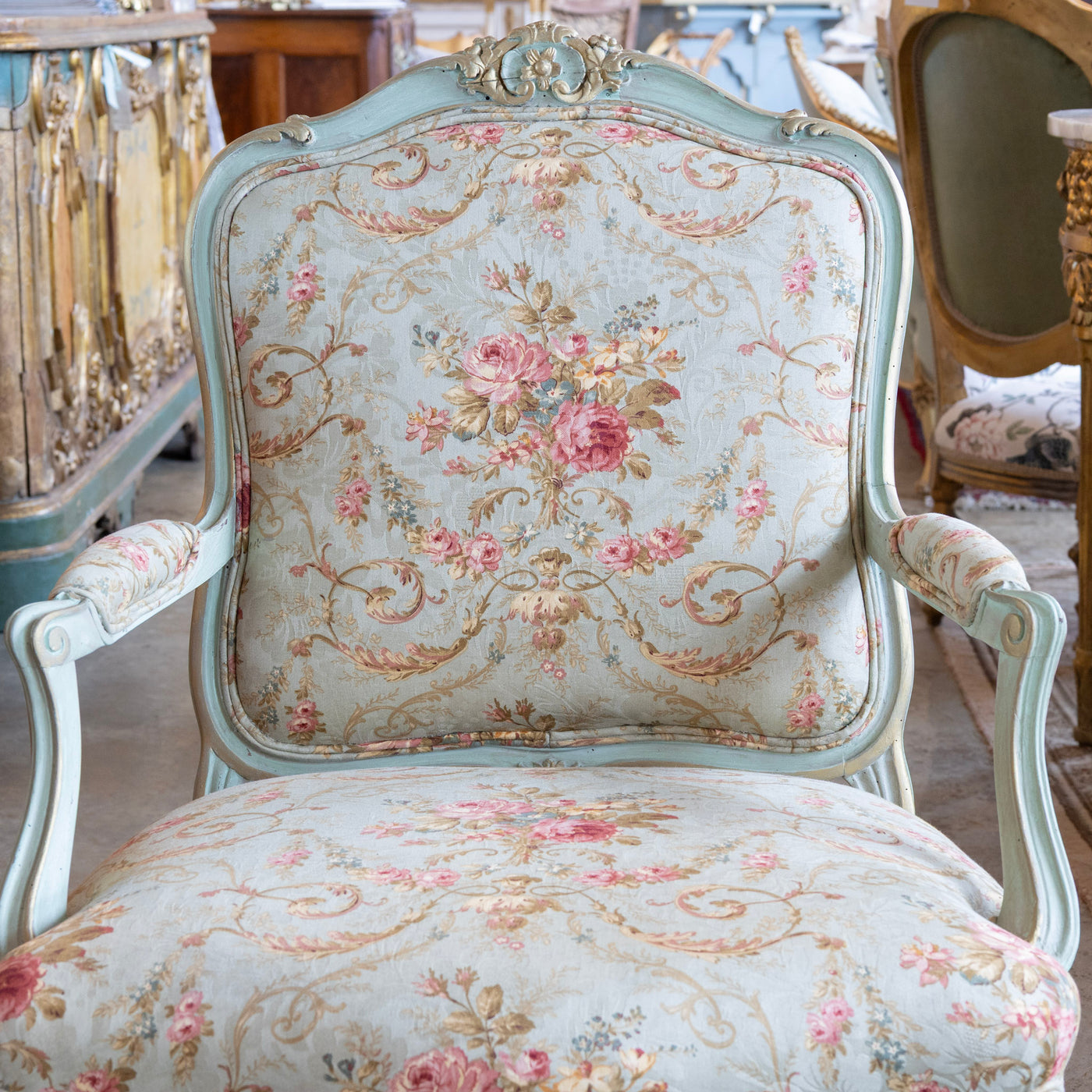 Louis XV Armchair – Soft Green Painted Frame with Aubusson Floral Upholstery