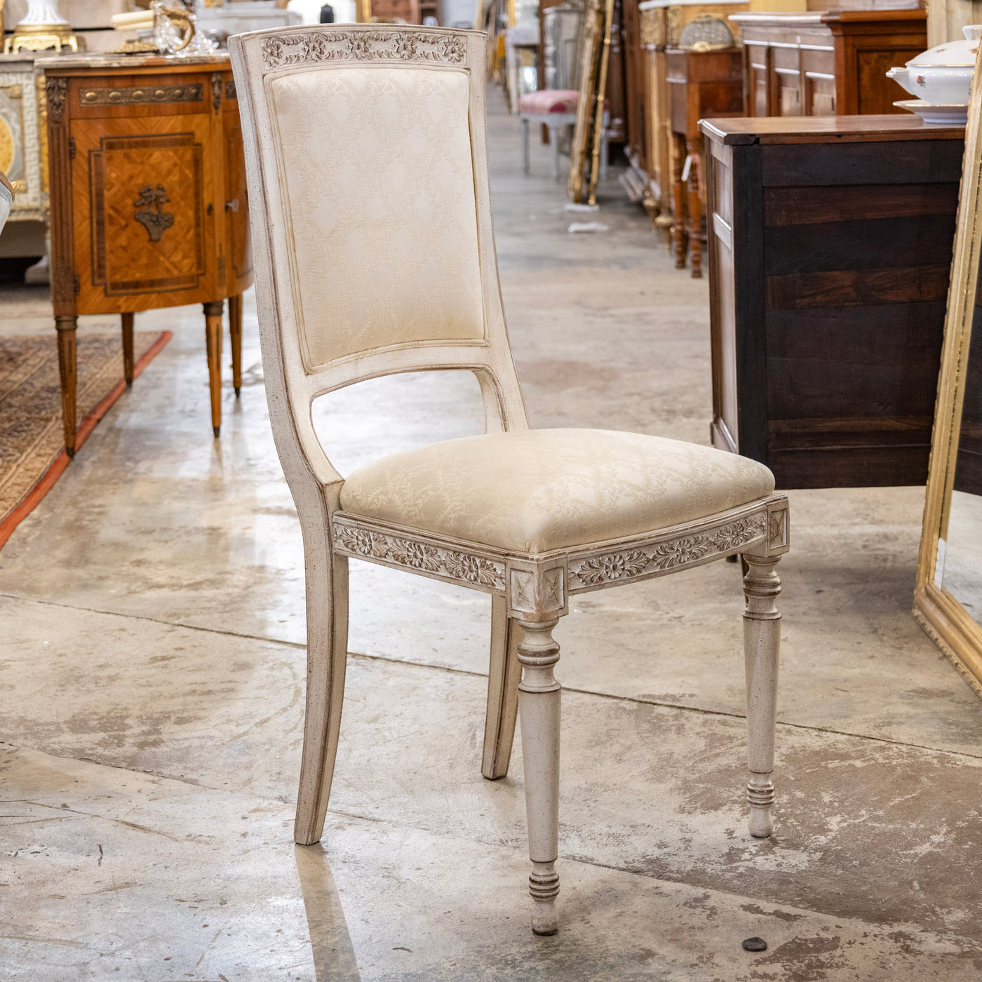 Louis XVI Antique White Dining Chair –  Original Cream Damask Upholstery