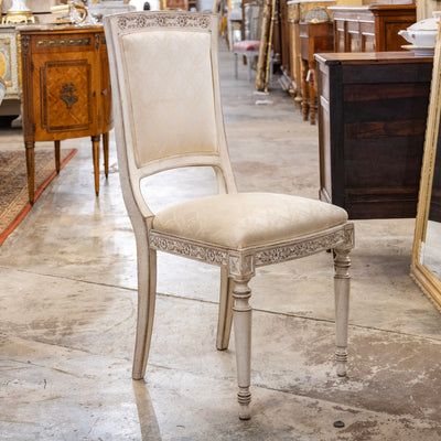 Louis XVI Antique White Dining Chair –  Original Cream Damask Upholstery