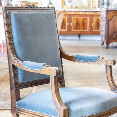 Louis XVI Carved Armchair – Wood Frame with Blue Velvet Upholstery