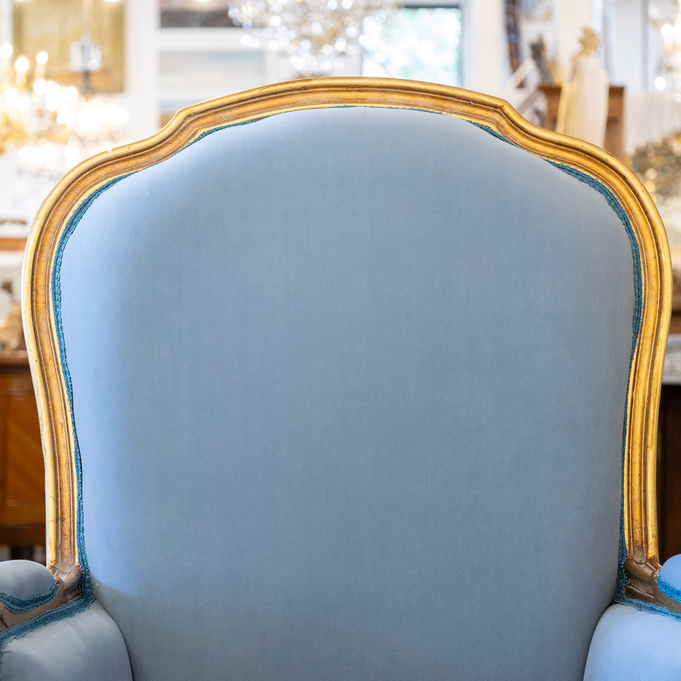 Louis XV Gilded Bergère Gilded Chair – Blue Velvet Upholstery - Bergère Chairs | Le Chateau (Atlanta, GA) • 8