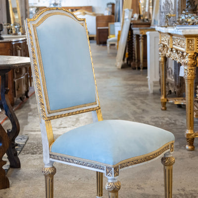 Louis XVI Square Dining Chair – Gold & White Trim with Blue Velvet